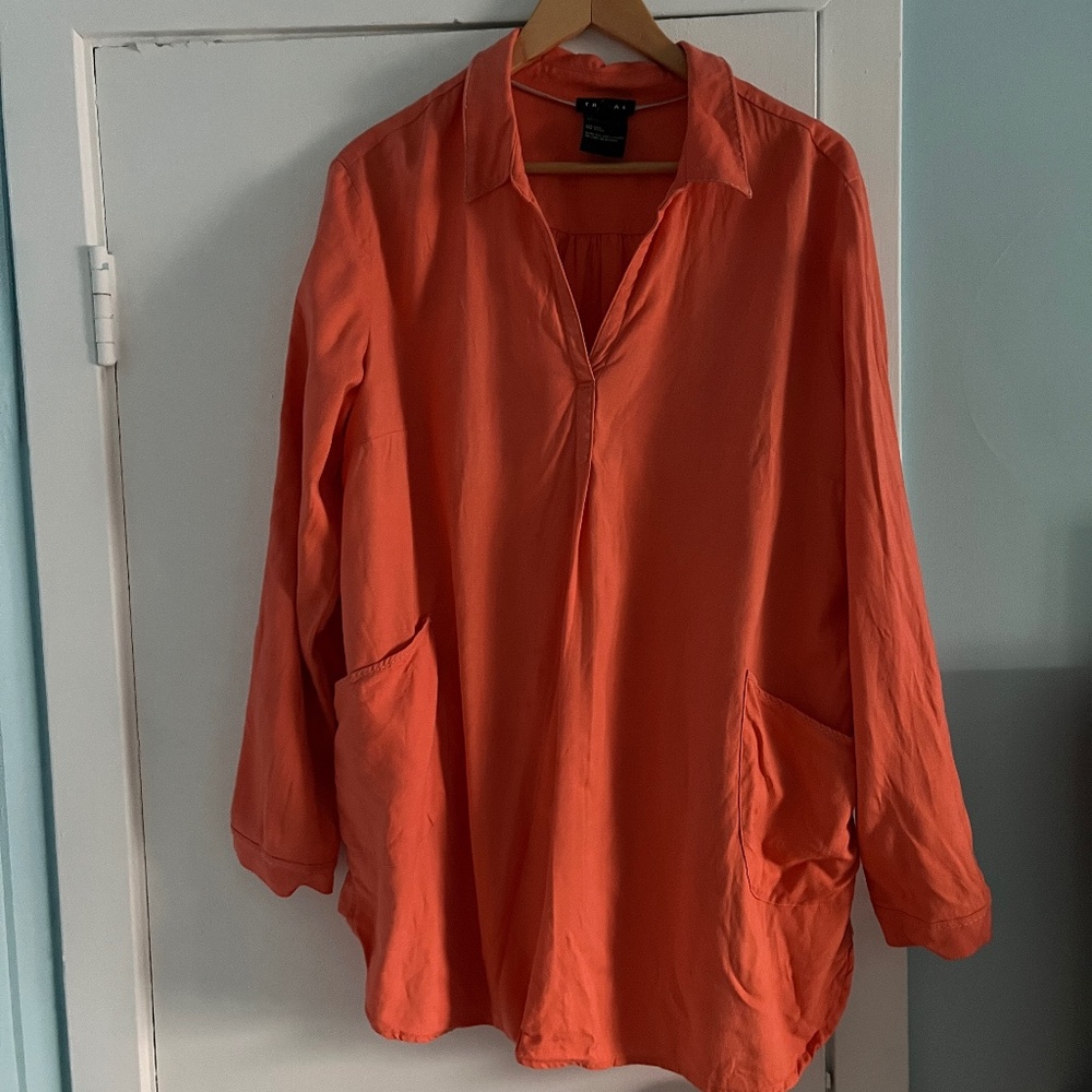 Tribal linen blend tunic with front pockets, mango, extra large